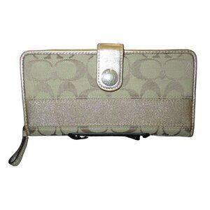 Coach Signature C Canvas Leather Glitter Zip Around & Snap Closure Long Wallet